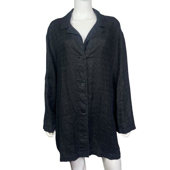Eileen Fisher Women's L Black Linen Lagenlook Plaid Collared Relaxed Jacket EUC - Picture 1 of 5